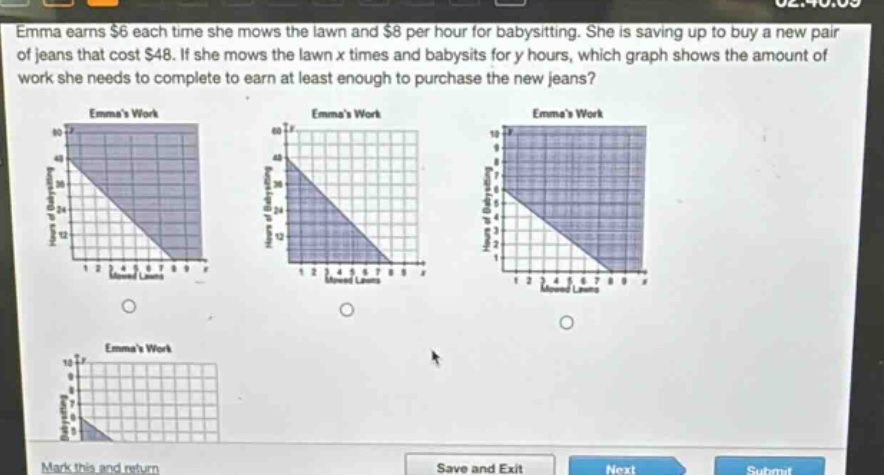 emma earns $6 each time she mows the lawn and $8 per hour for babysitting. she is saving up to buy a new pair of jeans that cost $48. if she mows the lawn x times and babysits for y hours, which graph shows the amount of work she needs to complete to earn at least enough to purchase the new jeans?