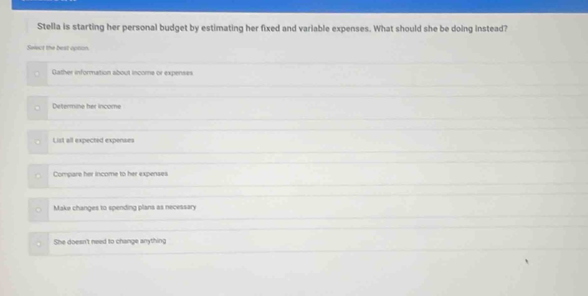 stella is starting her personal budget by estimating her fixed and variable expenses. what should she be doing instead? select the best option. gather information about income or expenses determine her income list all expected expenses compare her income to her expenses make changes to spending plans as necessary she doesnt need to change anything