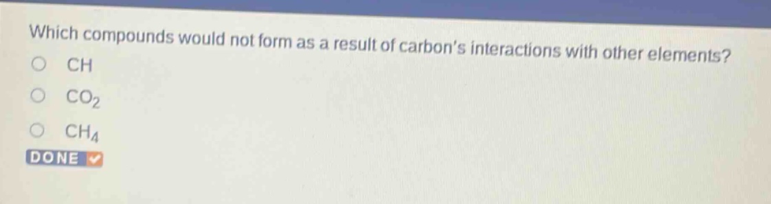 which compounds would not form as a result of carbons interactions with other elements?\no ch\no co2\no ch4\ndone