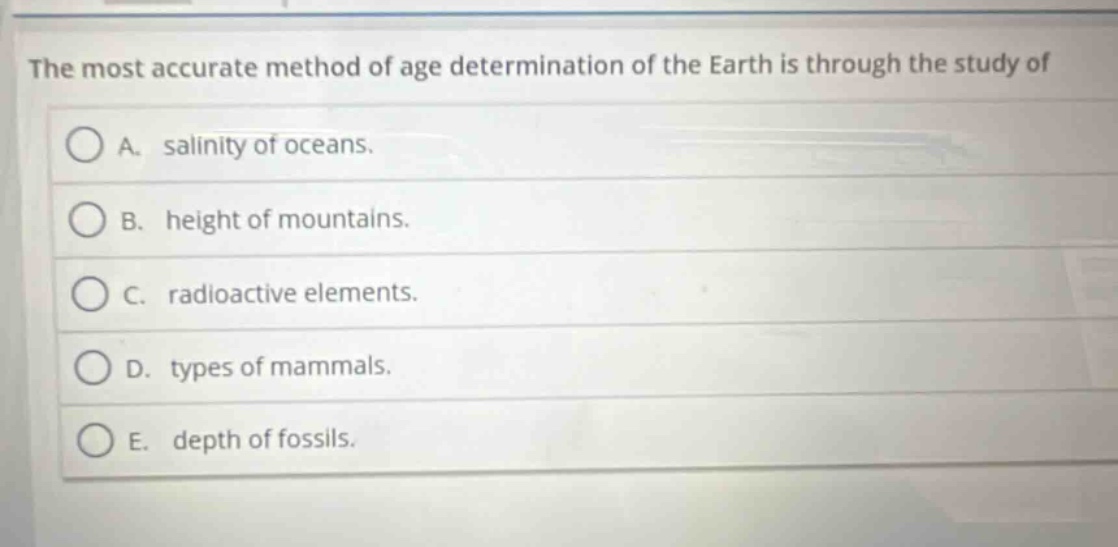 the most accurate method of age determination of the earth is through the study of\na. salinity of oceans.\nb. height of mountains.\nc. radioactive elements.\nd. types of mammals.\ne. depth of fossils.
