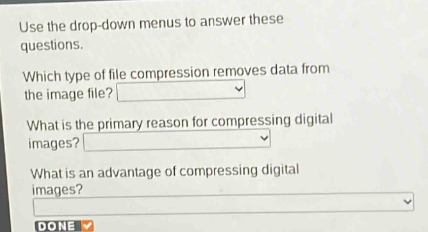 use the drop - down menus to answer these questions. which type of file compression removes data from the image file? what is the primary reason for compressing digital images? what is an advantage of compressing digital images? done