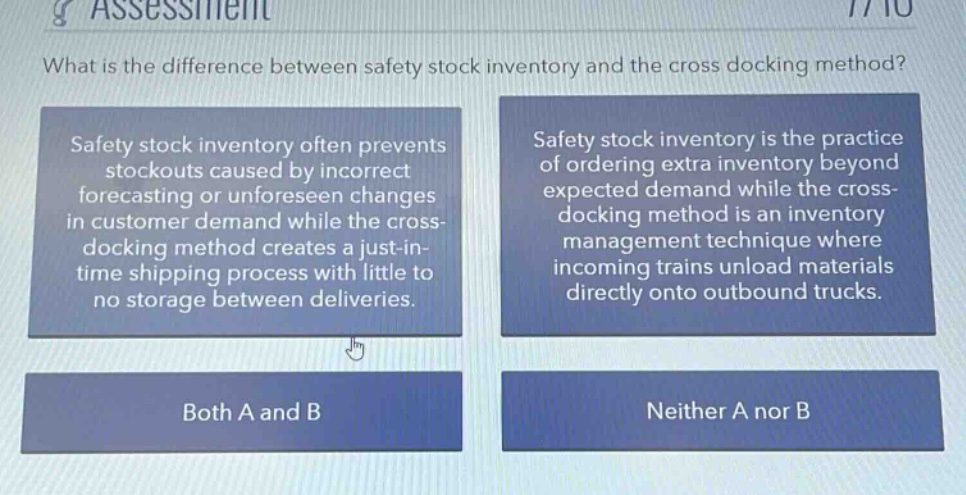 what is the difference between safety stock inventory and the cross docking method? safety stock inventory often prevents stockouts caused by incorrect forecasting or unforeseen changes in customer demand while the cross - docking method creates a just - in - time shipping process with little to no storage between deliveries. safety stock inventory is the practice of ordering extra inventory beyond expected demand while the cross - docking method is an inventory management technique where incoming trains unload materials directly onto outbound trucks. both a and b neither a nor b