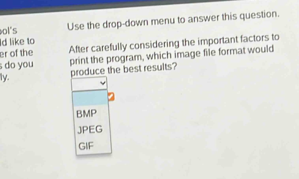 use the drop - down menu to answer this question. after carefully considering the important factors to print the program, which image file format would produce the best results? bmp jpeg gif