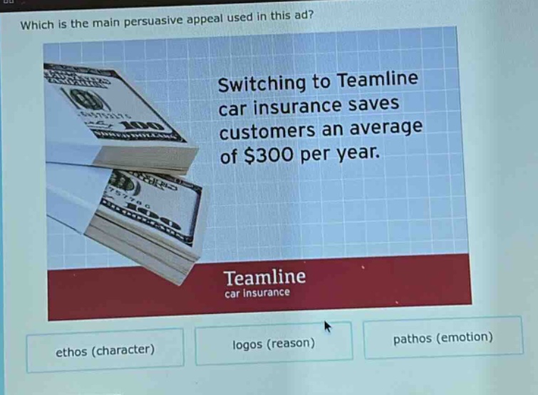 which is the main persuasive appeal used in this ad? switching to teamline car insurance saves customers an average of $300 per year. teamline car insurance ethos (character) logos (reason) pathos (emotion)