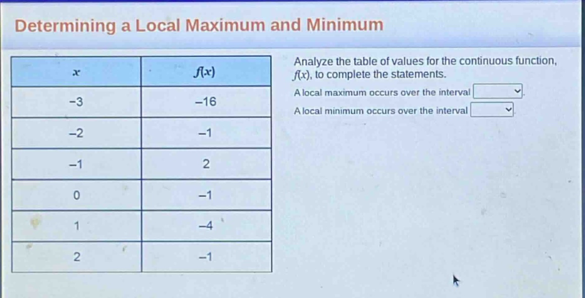 determining a local maximum and minimum analyze the table of values for the continuous function, f(x), to complete the statements. a local maximum occurs over the interval a local minimum occurs over the interval x f(x) -3 -16 -2 -1 -1 2 0 -1 1 -4 2 -1