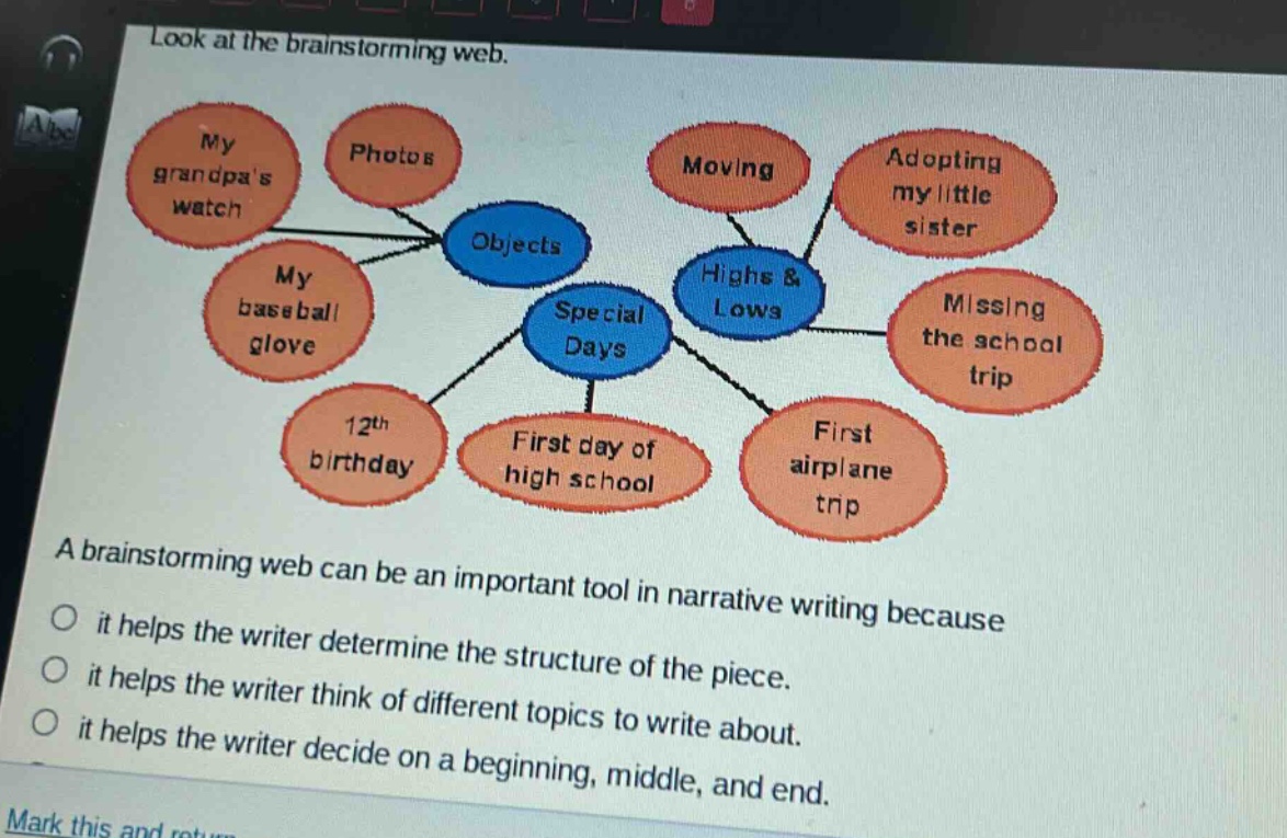 look at the brainstorming web. a brainstorming web can be an important tool in narrative writing because it helps the writer determine the structure of the piece. it helps the writer think of different topics to write about. it helps the writer decide on a beginning, middle, and end. mark this and return
