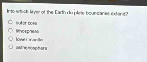 into which layer of the earth do plate boundaries extend?\nouter core\nlithosphere\nlower mantle\nasthenosphere