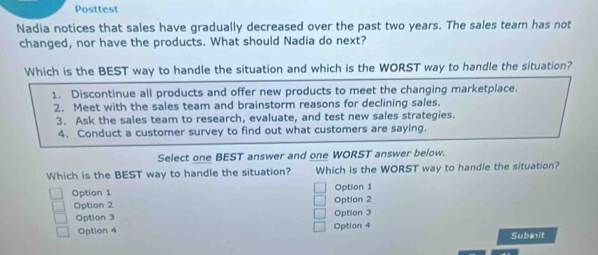 posttest\nnadia notices that sales have gradually decreased over the past two years. the sales team has not changed, nor have the products. what should nadia do next?\nwhich is the best way to handle the situation and which is the worst way to handle the situation?\n1. discontinue all products and offer new products to meet the changing marketplace.\n2. meet with the sales team and brainstorm reasons for declining sales.\n3. ask the sales team to research, evaluate, and test new sales strategies.\n4. conduct a customer survey to find out what customers are saying.\nselect one best answer and one worst answer below.\nwhich is the best way to handle the situation? which is the worst way to handle the situation?\noption 1 option 1\noption 2 option 2\noption 3 option 3\noption 4 option 4\nsubmit