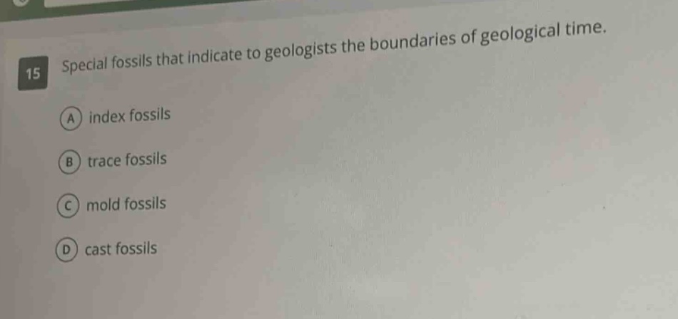 15 special fossils that indicate to geologists the boundaries of geological time. a index fossils b trace fossils c mold fossils d cast fossils