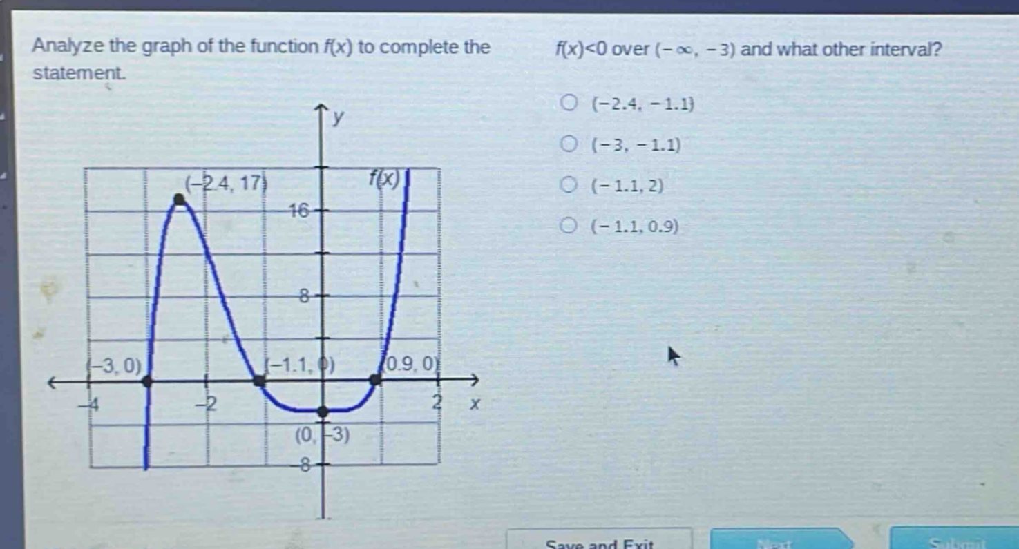 analyze the graph of the function f(x) to complete the statement. f(x)<0 over (-∞, -3) and what other interval? (-2.4, -1.1) (-3, -1.1) (-1.1, 2) (-1.1, 0.9)