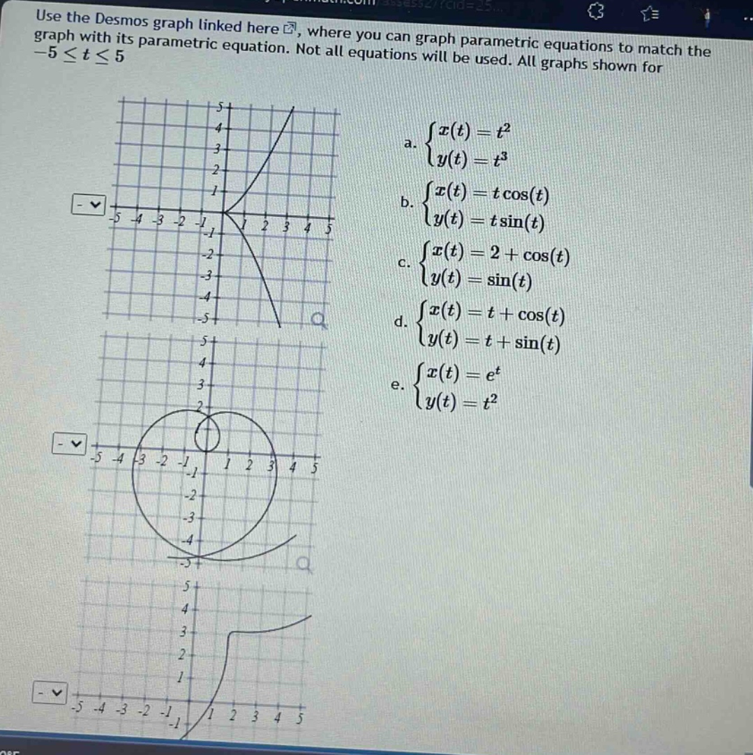 use the desmos graph linked here, where you can graph parametric equations to match the graph with its parametric equation. not all equations will be used. all graphs shown for -5 ≤ t ≤ 5 a. {x(t)=t² y(t)=t³ b. {x(t)=t cos(t) y(t)=t sin(t) c. {x(t)=2 + cos(t) y(t)=sin(t) d. {x(t)=t + cos(t) y(t)=t + sin(t) e. {x(t)=eᵗ y(t)=t²}