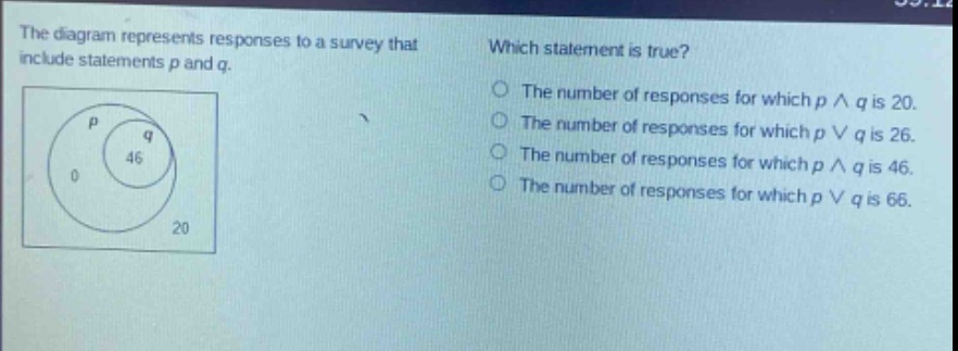 the diagram represents responses to a survey that include statements p and q. which statement is true? the number of responses for which p ∧ q is 20. the number of responses for which p ∨ q is 26. the number of responses for which p ∧ q is 46. the number of responses for which p ∨ q is 66.