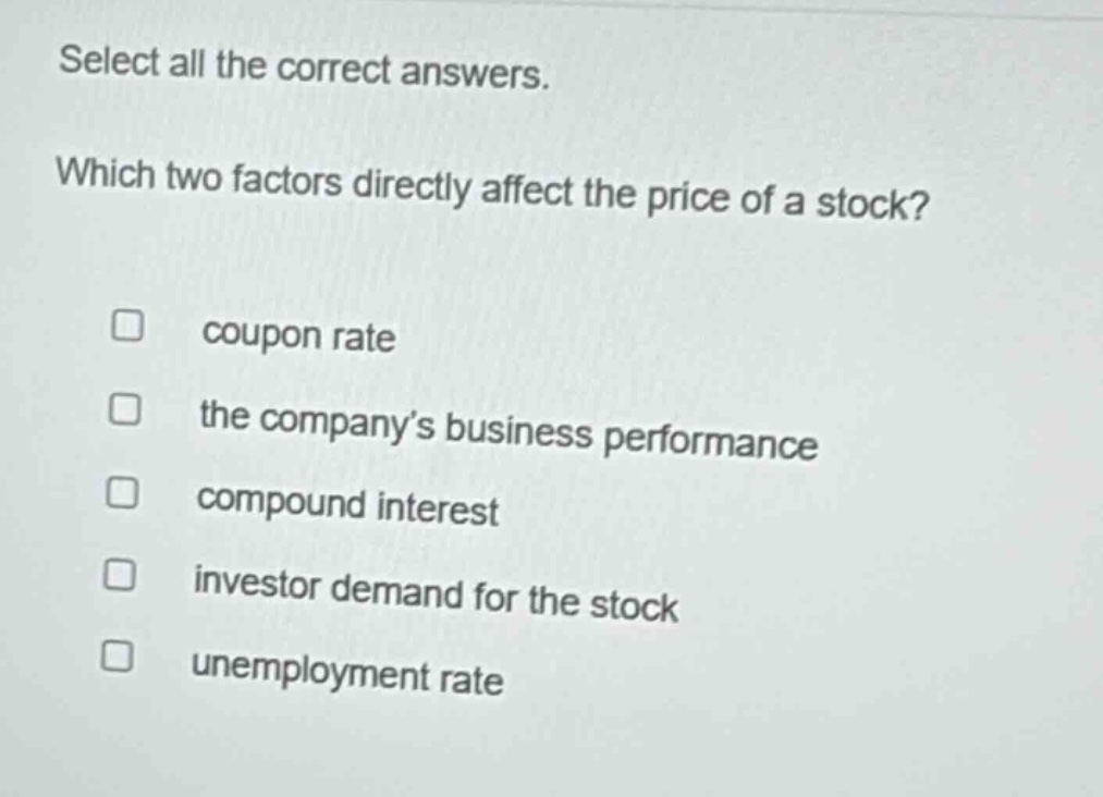 select all the correct answers. which two factors directly affect the price of a stock? coupon rate the company’s business performance compound interest investor demand for the stock unemployment rate