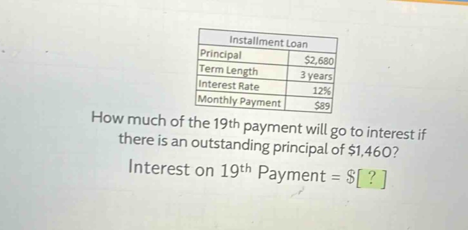 installment loan\nprincipal $2,680\nterm length 3 years\ninterest rate 12%\nmonthly payment $89\nhow much of the 19th payment will go to interest if there is an outstanding principal of $1,460?\ninterest on 19th payment = $?