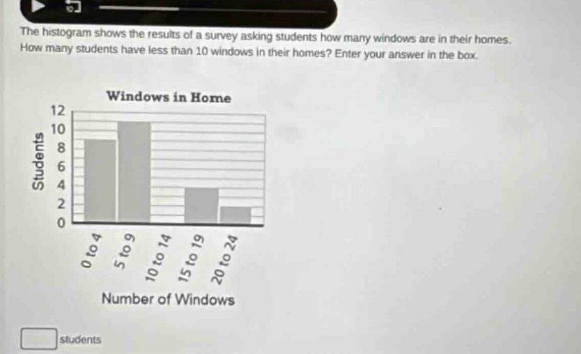 the histogram shows the results of a survey asking students how many windows are in their homes. how many students have less than 10 windows in their homes? enter your answer in the box. windows in home students 12 10 8 6 4 2 0 0 to 4 5 to 9 10 to 14 15 to 19 20 to 24 number of windows students