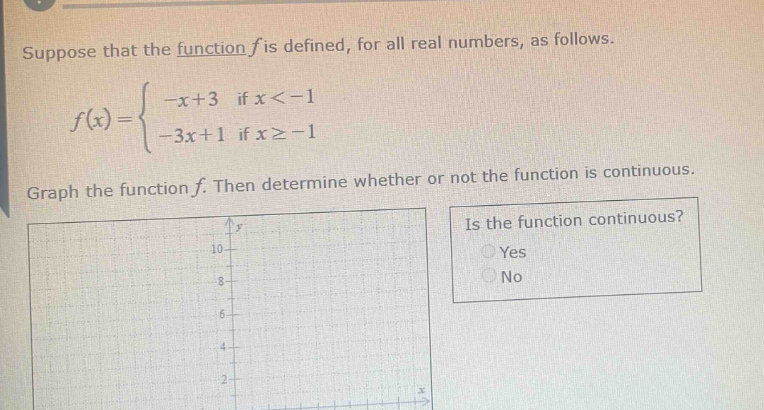 suppose that the function f is defined, for all real numbers, as follows. f(x) = { -x + 3 if x < -1; -3x + 1 if x ≥ -1. graph the function f. then determine whether or not the function is continuous. is the function continuous? yes no