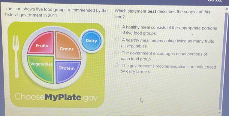 the icon shows five food groups recommended by the federal government in 2011. which statement best describes the subject of this icon? a healthy meal consists of the appropriate portions of five food groups. a healthy meal means eating twice as many fruits as vegetables. the government encourages equal portions of each food group. the governments recommendations are influenced by dairy farmers. choosemyplate.gov