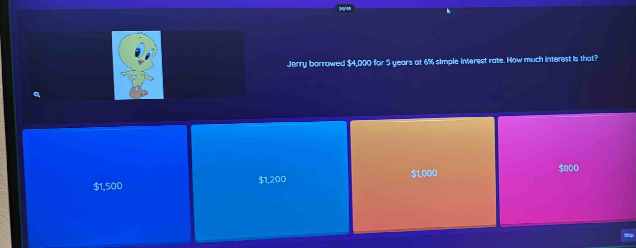 jerry borrowed $4,000 for 5 years at 6% simple interest rate. how much interest is that? $1,500 $1,200 $1,000 $800