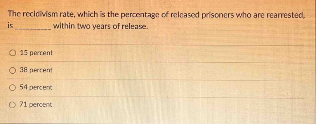 the recidivism rate, which is the percentage of released prisoners who are rearrested, is __________ within two years of release. 15 percent 38 percent 54 percent 71 percent
