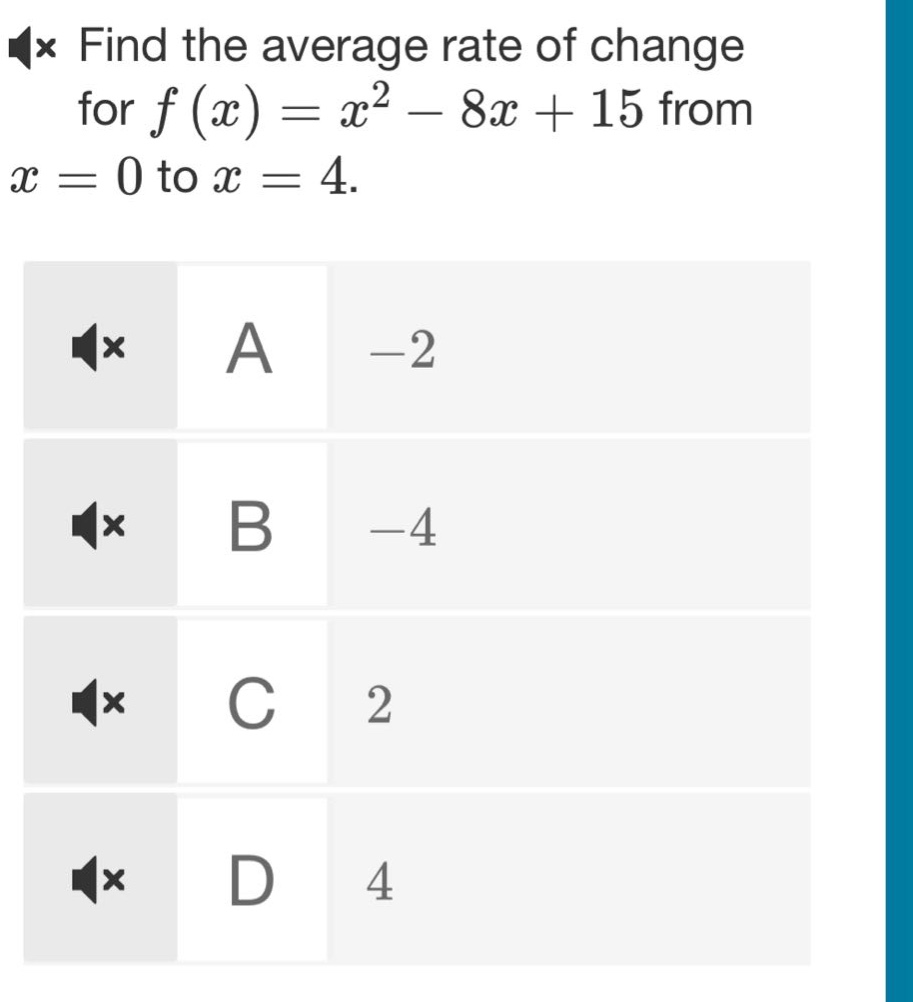 find the average rate of change for f(x)=x² - 8x + 15 from x = 0 to x = 4. a -2 b -4 c 2 d 4