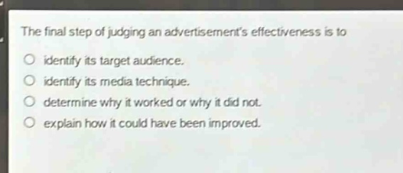 the final step of judging an advertisements effectiveness is to\no identify its target audience.\no identify its media technique.\no determine why it worked or why it did not.\no explain how it could have been improved.
