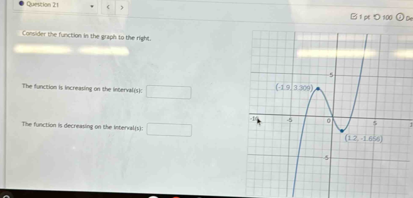question 21 consider the function in the graph to the right. the function is increasing on the interval(s): the function is decreasing on the interval(s):