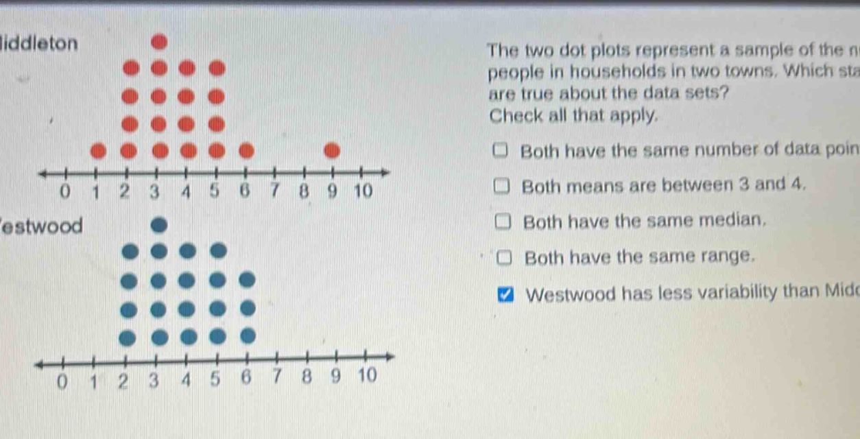 the two dot plots represent a sample of the number of people in households in two towns. which statements are true about the data sets? check all that apply. both have the same number of data points. both means are between 3 and 4. both have the same median. both have the same range. westwood has less variability than middleton.