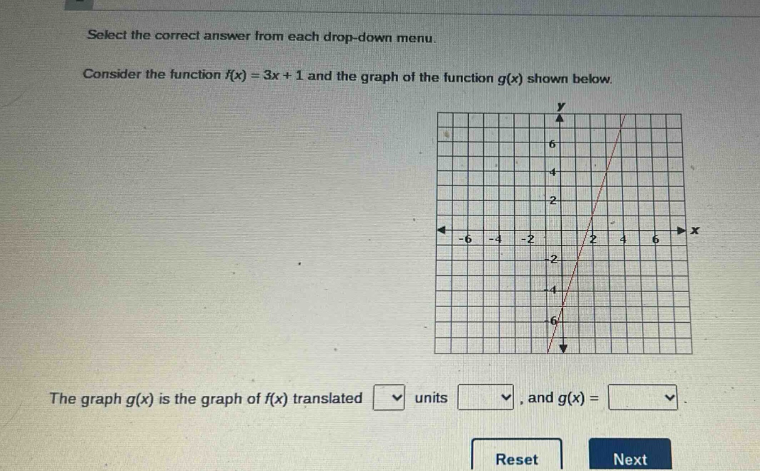 select the correct answer from each drop - down menu. consider the function f(x)=3x + 1 and the graph of the function g(x) shown below. the graph g(x) is the graph of f(x) translated units, and g(x)=