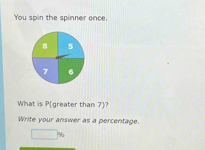 you spin the spinner once. what is p(greater than 7)? write your answer as a percentage. %