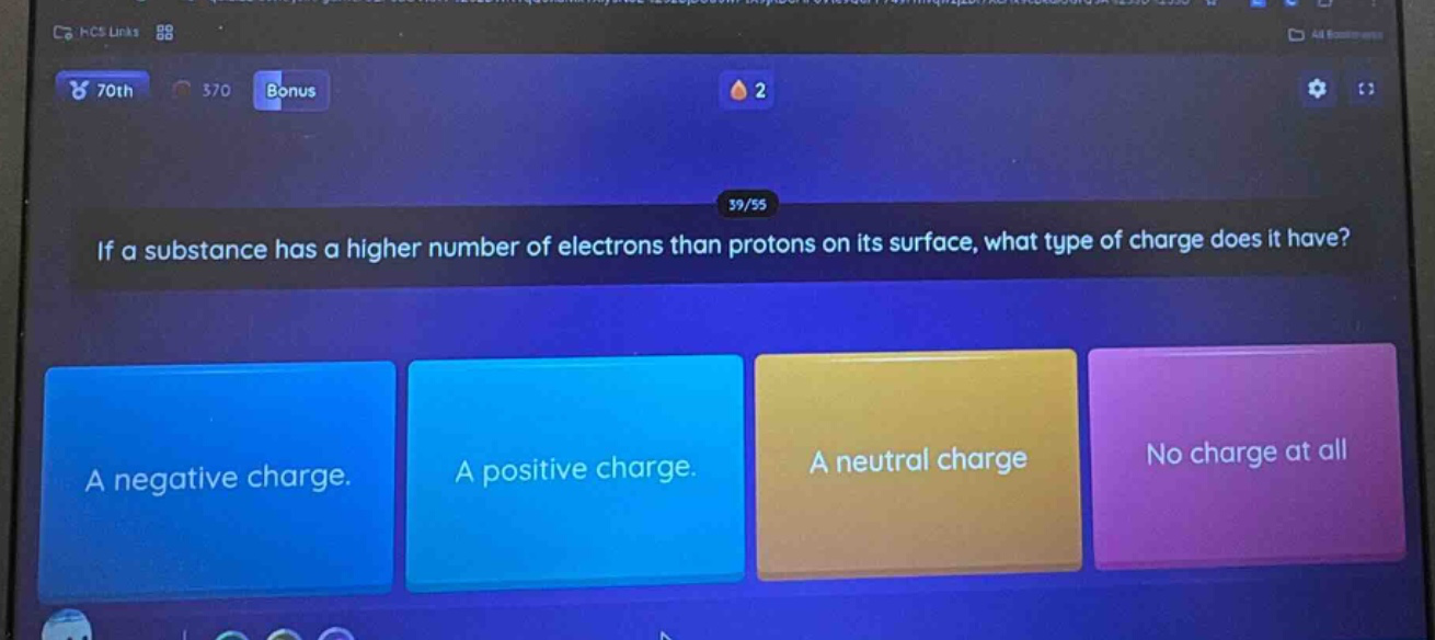 if a substance has a higher number of electrons than protons on its surface, what type of charge does it have? a negative charge. a positive charge. a neutral charge no charge at all