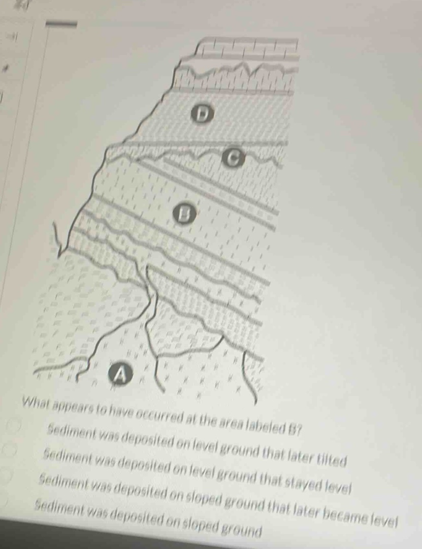 what appears to have occurred at the area labeled b? sediment was deposited on level ground that later tilted sediment was deposited on level ground that stayed level sediment was deposited on sloped ground that later became level sediment was deposited on sloped ground