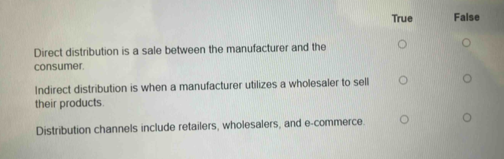 direct distribution is a sale between the manufacturer and the consumer. indirect distribution is when a manufacturer utilizes a wholesaler to sell their products. distribution channels include retailers, wholesalers, and e - commerce. true false