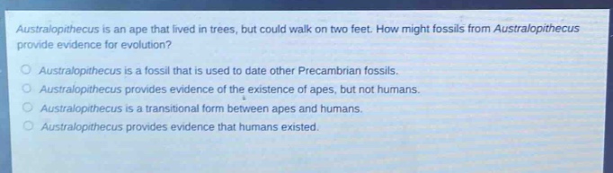 australopithecus is an ape that lived in trees, but could walk on two feet. how might fossils from australopithecus provide evidence for evolution?\naustralopithecus is a fossil that is used to date other precambrian fossils.\naustralopithecus provides evidence of the existence of apes, but not humans.\naustralopithecus is a transitional form between apes and humans.\naustralopithecus provides evidence that humans existed.