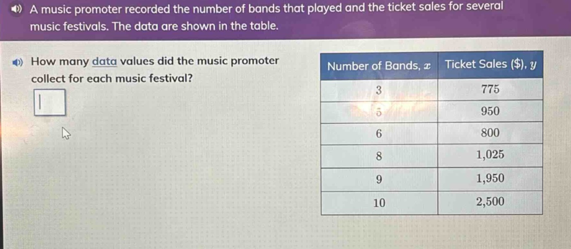 a music promoter recorded the number of bands that played and the ticket sales for several music festivals. the data are shown in the table. how many data values did the music promoter collect for each music festival? number of bands, x ticket sales ($), y 3 775 5 950 6 800 8 1,025 9 1,950 10 2,500