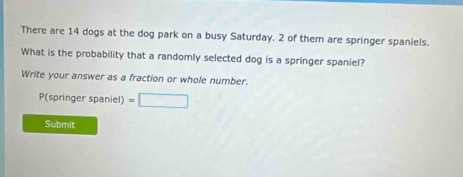 there are 14 dogs at the dog park on a busy saturday. 2 of them are springer spaniels. what is the probability that a randomly selected dog is a springer spaniel? write your answer as a fraction or whole number. p(springer spaniel) =