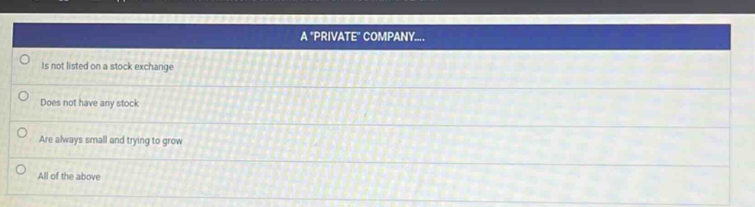 a \private\ company...\nis not listed on a stock exchange\ndoes not have any stock\nare always small and trying to grow\nall of the above