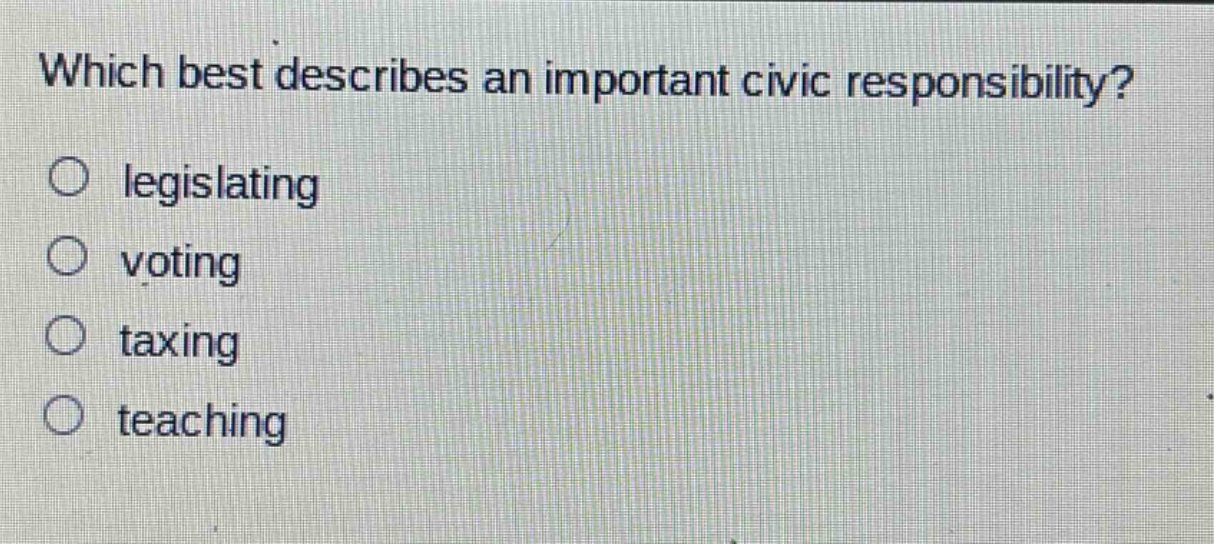 which best describes an important civic responsibility?\nlegislating\nvoting\ntaxing\nteaching