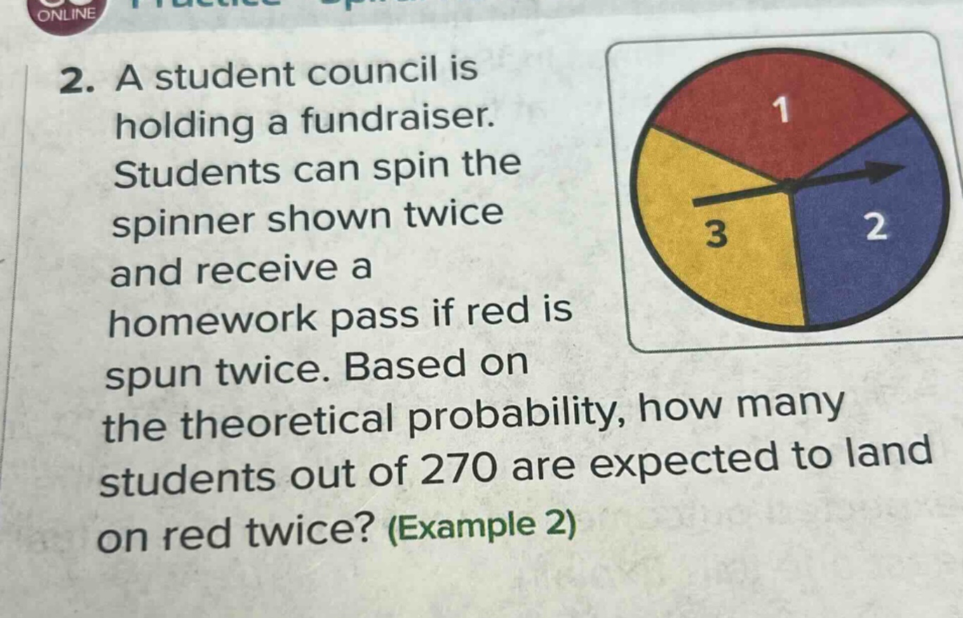 2. a student council is holding a fundraiser. students can spin the spinner shown twice and receive a homework pass if red is spun twice. based on the theoretical probability, how many students out of 270 are expected to land on red twice? (example 2)