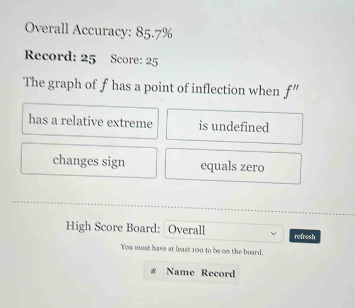 overall accuracy: 85.7% record: 25 score: 25 the graph of f has a point of inflection when f has a relative extreme is undefined changes sign equals zero high score board: overall refresh you must have at least 100 to be on the board. * name record