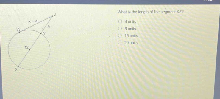 what is the length of line segment xz? 4 units 8 units 16 units 20 units