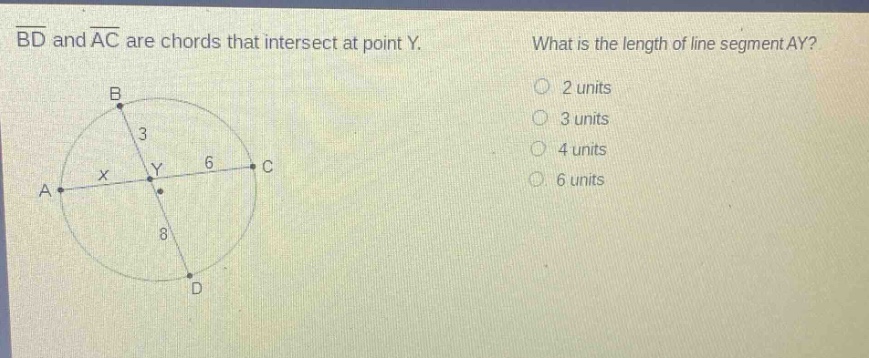 bd and ac are chords that intersect at point y. what is the length of line segment ay? 2 units 3 units 4 units 6 units