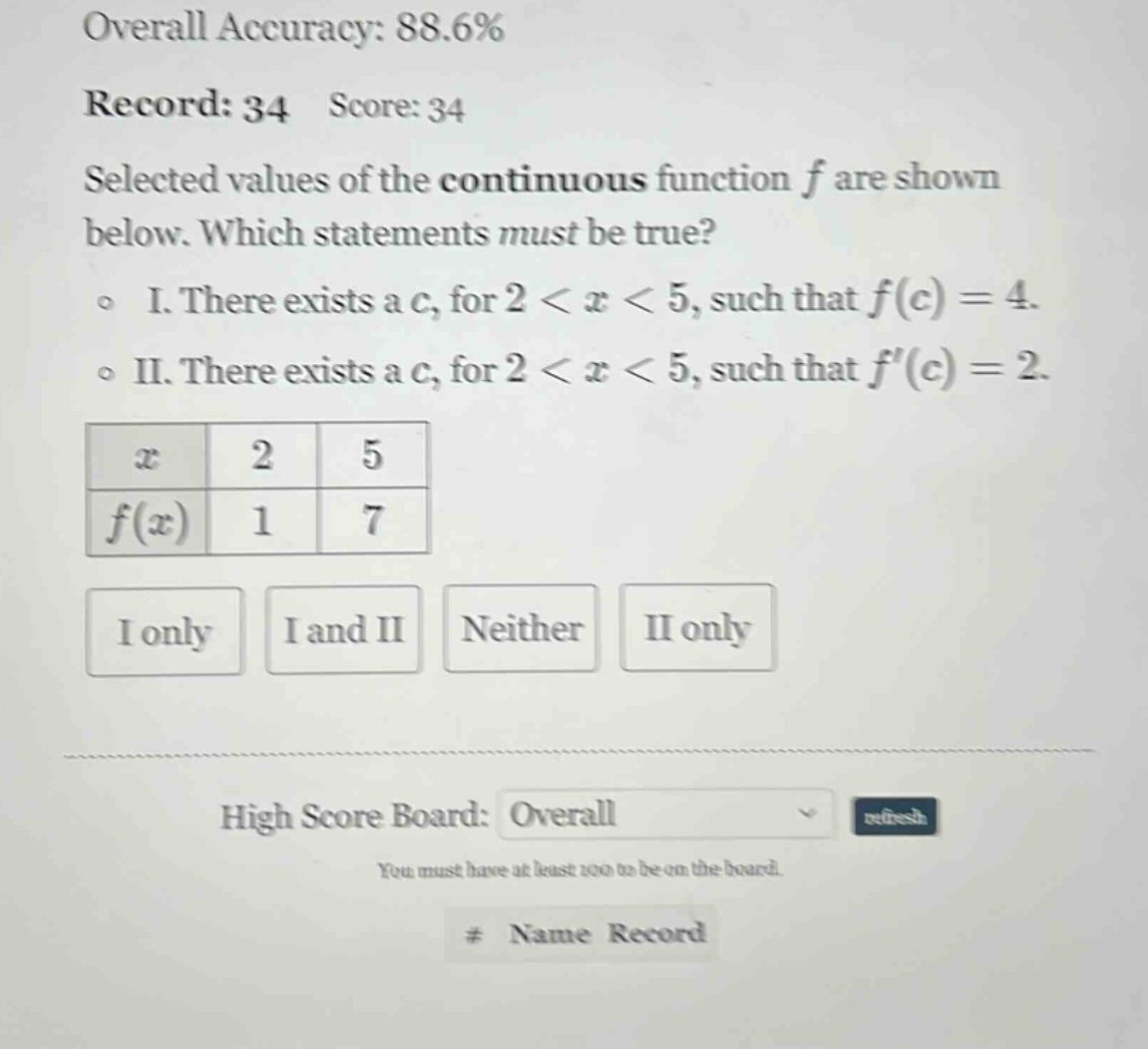 overall accuracy: 88.6% record: 34 score: 34 selected values of the continuous function f are shown below. which statements must be true? o i. there exists a c, for 2 < x < 5, such that f(c) = 4. o ii. there exists a c, for 2 < x < 5, such that f(c) = 2. x 2 5 f(x) 1 7 i only i and ii neither ii only high score board: overall refresh you must have at least 100 to be on the board. # name record