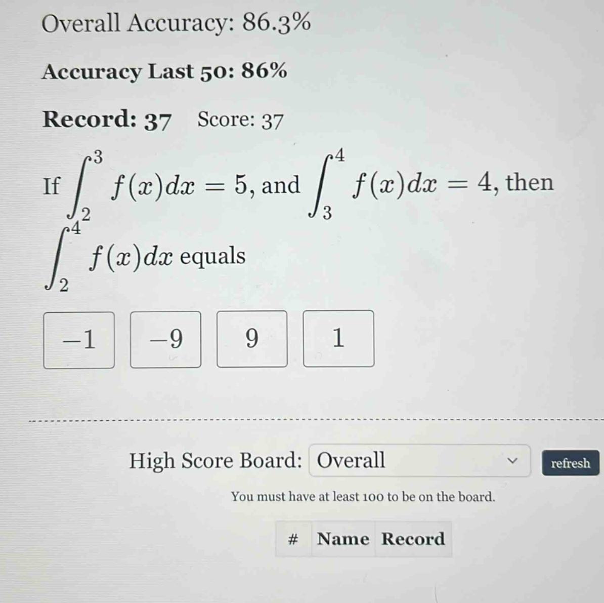 overall accuracy: 86.3% accuracy last 50: 86% record: 37 score: 37 if ∫₂³ f(x)dx = 5, and ∫₃⁴ f(x)dx = 4, then ∫₂⁴ f(x)dx equals -1 -9 9 1 high score board: overall refresh you must have at least 100 to be on the board. # name record