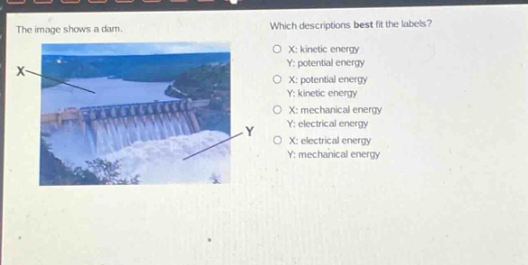 the image shows a dam. which descriptions best fit the labels? o x: kinetic energy y: potential energy o x: potential energy y: kinetic energy o x: mechanical energy y: electrical energy o x: electrical energy y: mechanical energy