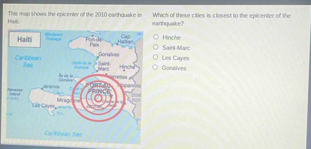 this map shows the epicenter of the 2010 earthquake in haiti. which of these cities is closest to the epicenter of the earthquake? hinche saint - marc les cayes gonaives