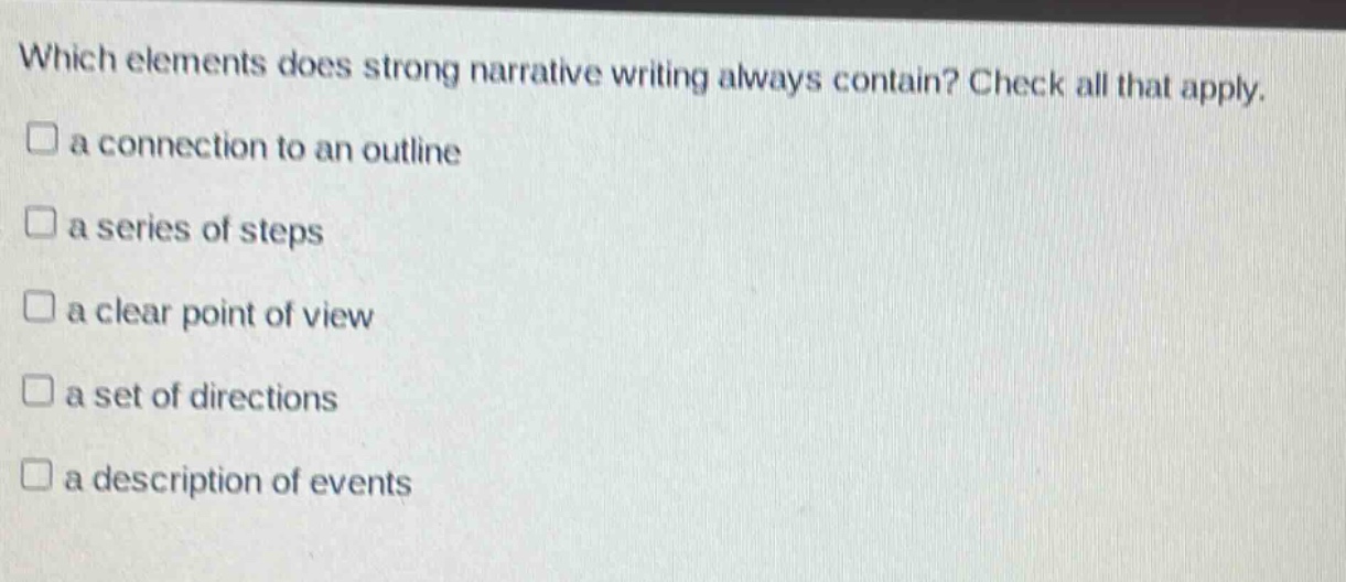 which elements does strong narrative writing always contain? check all that apply. a connection to an outline a series of steps a clear point of view a set of directions a description of events