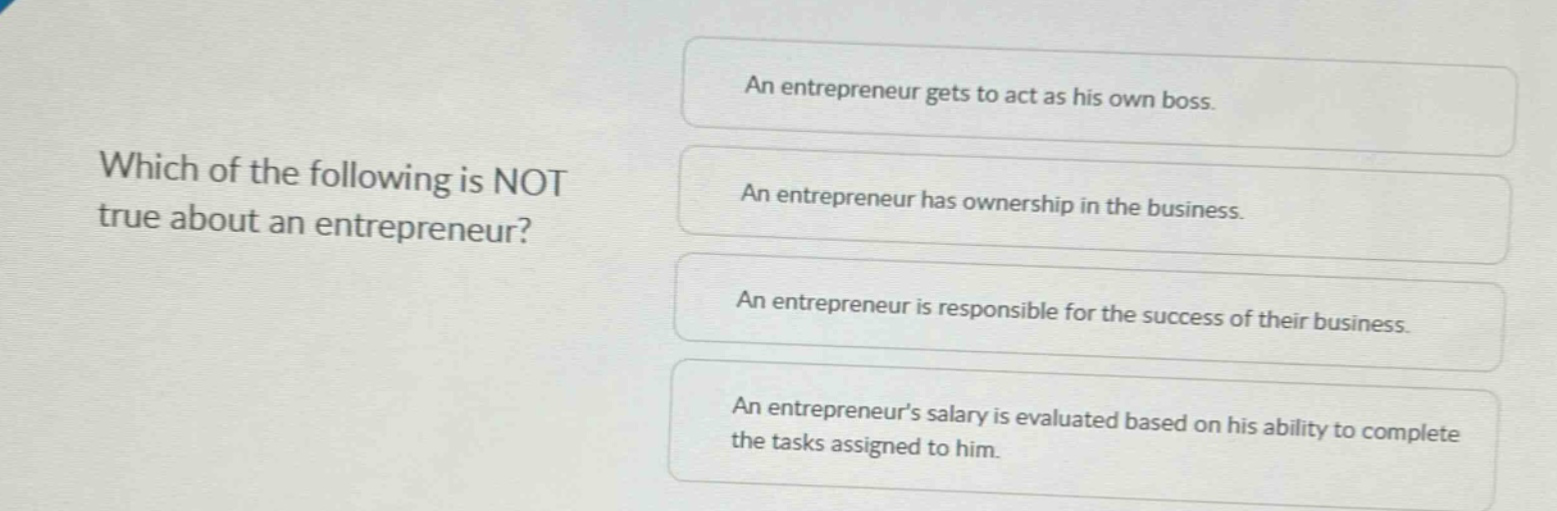 which of the following is not true about an entrepreneur? an entrepreneur gets to act as his own boss. an entrepreneur has ownership in the business. an entrepreneur is responsible for the success of their business. an entrepreneurs salary is evaluated based on his ability to complete the tasks assigned to him.