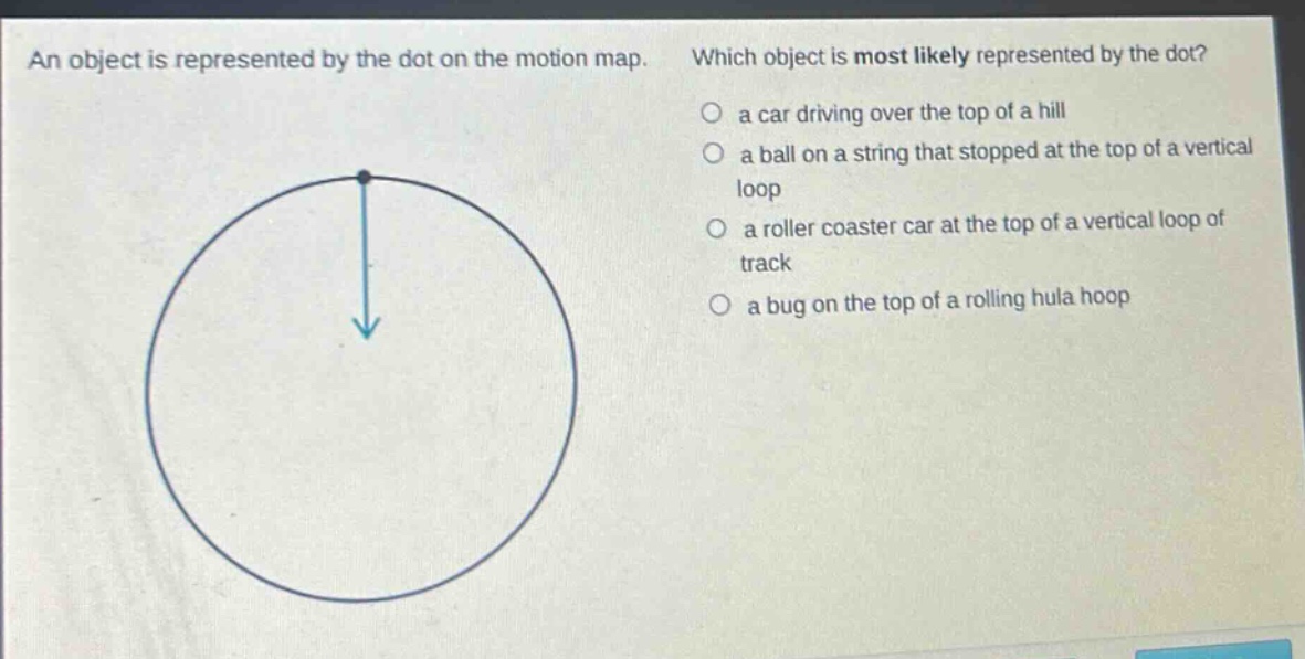 an object is represented by the dot on the motion map. which object is most likely represented by the dot? a car driving over the top of a hill a ball on a string that stopped at the top of a vertical loop a roller coaster car at the top of a vertical loop of track a bug on the top of a rolling hula hoop