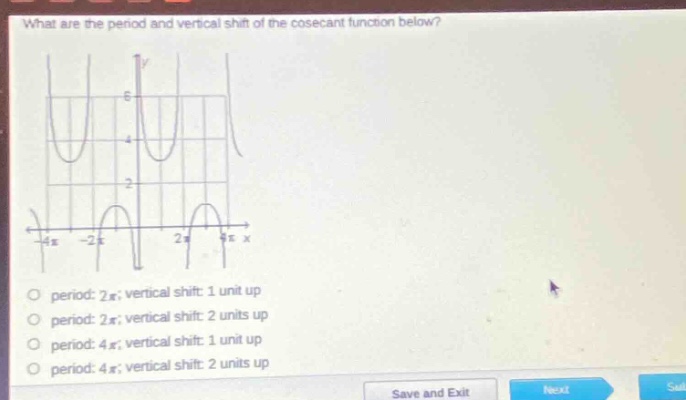 what are the period and vertical shift of the cosecant function below? period: 2π; vertical shift: 1 unit up period: 2π; vertical shift: 2 units up period: 4π; vertical shift: 1 unit up period: 4π; vertical shift: 2 units up