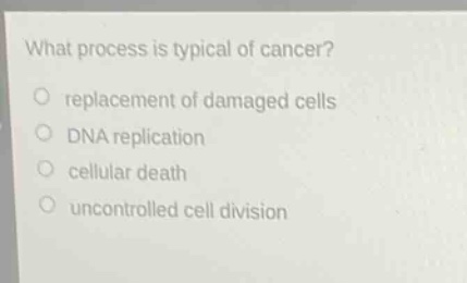 what process is typical of cancer?\nreplacement of damaged cells\ndna replication\ncellular death\nuncontrolled cell division